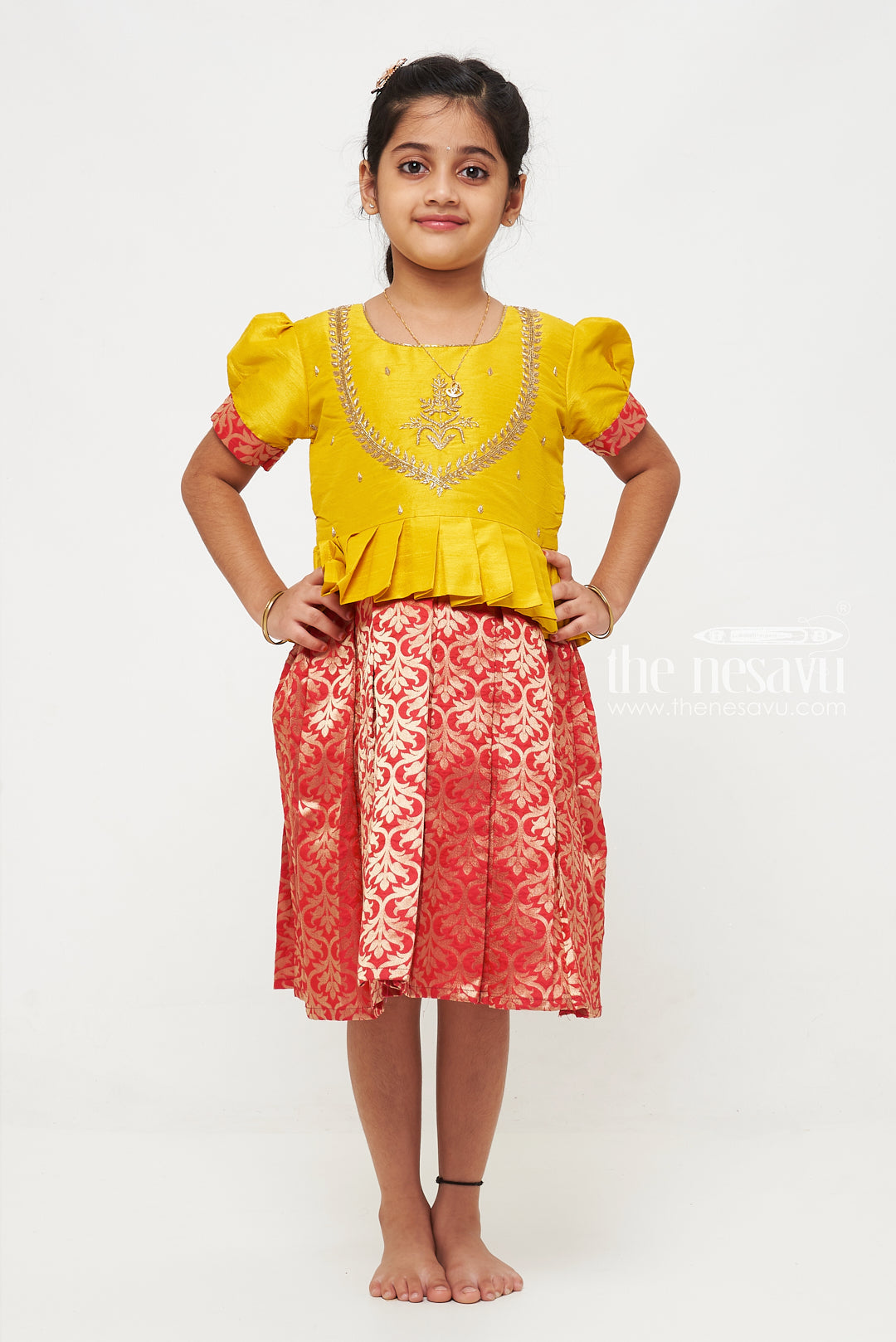 The Nesavu Silk Party Frock Vibrant Yellow and Red Pattu Silk Frock: Exquisite Gold Embroidery with Floral Banarasi Pattern for Girls Nesavu Yellow and Red Pattu Silk Frock | Gold Floral Banarasi Pattern | Traditional Festive Wear for Girls | The Nesavu