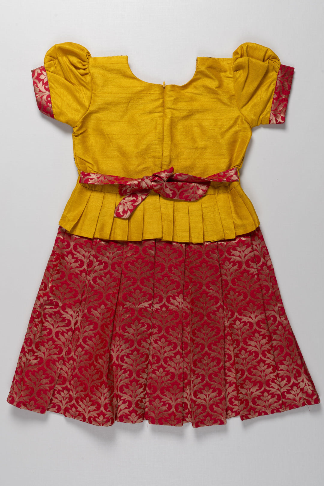 The Nesavu Silk Party Frock Vibrant Yellow and Red Pattu Silk Frock: Exquisite Gold Embroidery with Floral Banarasi Pattern for Girls Nesavu Yellow and Red Pattu Silk Frock | Gold Floral Banarasi Pattern | Traditional Festive Wear for Girls | The Nesavu