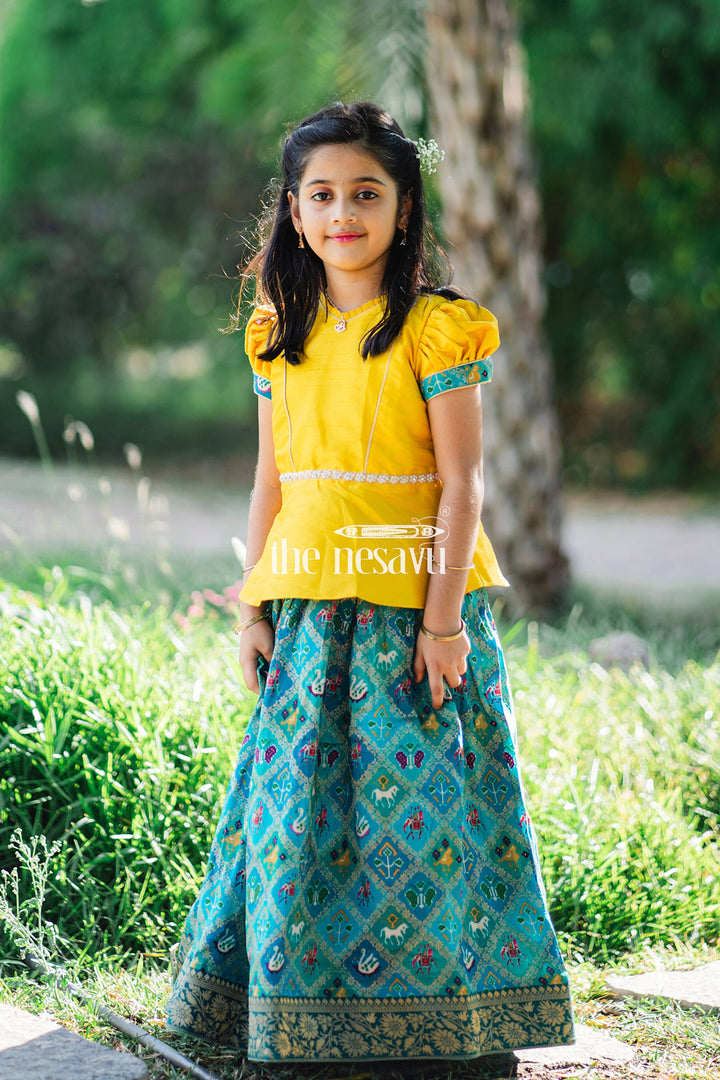 The Nesavu Pattu Pavadai Vibrant Yellow and Teal Girls Pattu Pavadai Handcrafted Silk Skirt Blouse Set Nesavu 16 (1Y) / Blue GPP315A-16 Vibrant Yellow and Teal Girls Pattu Pavadai | The Nesavu
