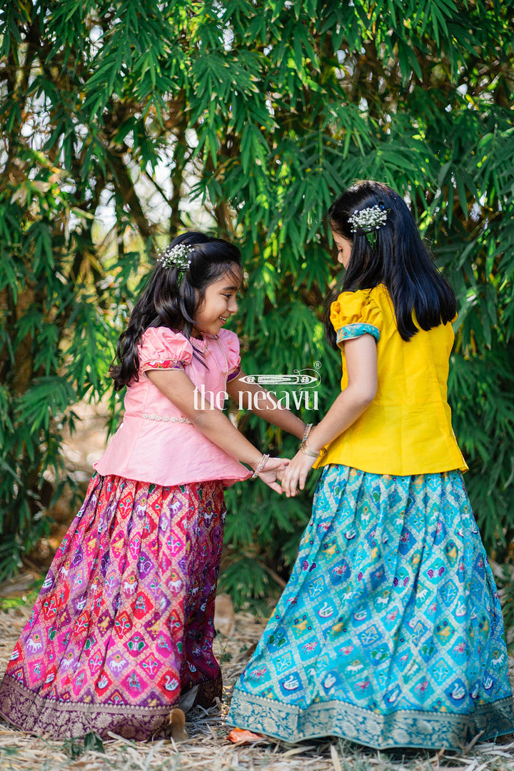 The Nesavu Pattu Pavadai Vibrant Yellow and Teal Girls Pattu Pavadai Handcrafted Silk Skirt Blouse Set Nesavu Vibrant Yellow and Teal Girls Pattu Pavadai | The Nesavu