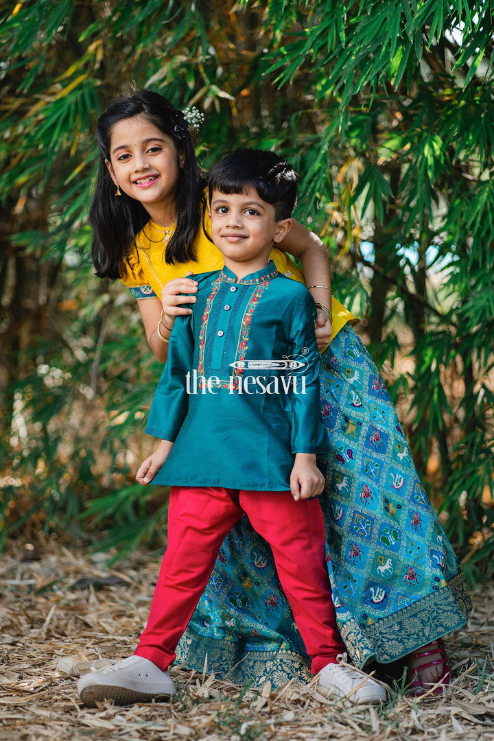 The Nesavu Pattu Pavadai Vibrant Yellow and Teal Girls Pattu Pavadai Handcrafted Silk Skirt Blouse Set Nesavu Vibrant Yellow and Teal Girls Pattu Pavadai | The Nesavu