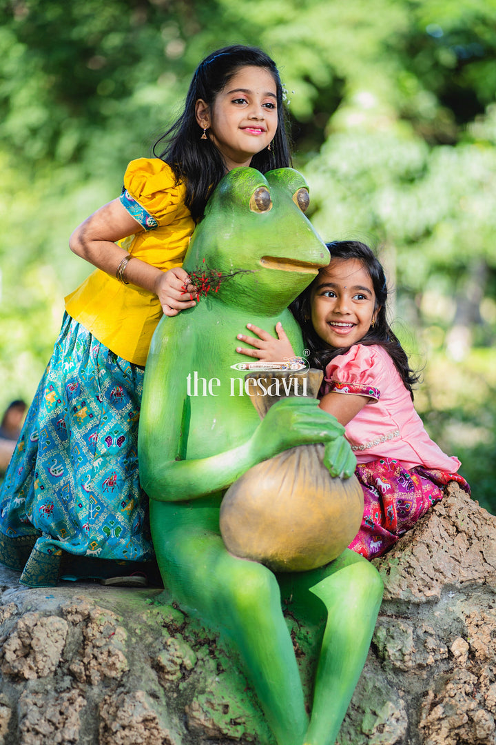 The Nesavu Pattu Pavadai Vibrant Yellow and Teal Girls Pattu Pavadai Handcrafted Silk Skirt Blouse Set Nesavu Vibrant Yellow and Teal Girls Pattu Pavadai | The Nesavu