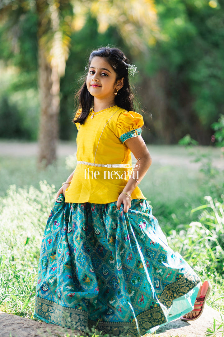 The Nesavu Pattu Pavadai Vibrant Yellow and Teal Girls Pattu Pavadai Handcrafted Silk Skirt Blouse Set Nesavu Vibrant Yellow and Teal Girls Pattu Pavadai | The Nesavu