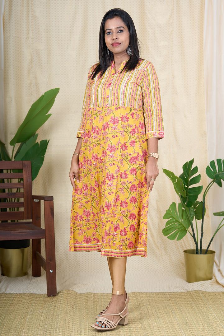 The Nesavu Womens Flared Kurthas Vibrant Yellow Cotton Kurta with Hand Block Print for Women Nesavu 36 (S) / Yellow / Cotton WT002A-36 Yellow Cotton Kurta for Women | Hand Block Printed Floral Kurta