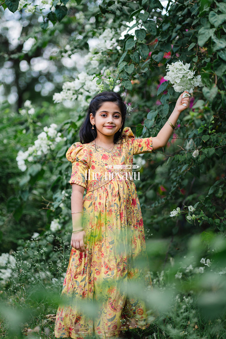 The Nesavu Girls Party Gown Vibrant Yellow Floral Muslin Silk Party Gown for Girls Nesavu Vibrant Yellow Floral Muslin Silk Party Gown for Girls - Elegant & Festive