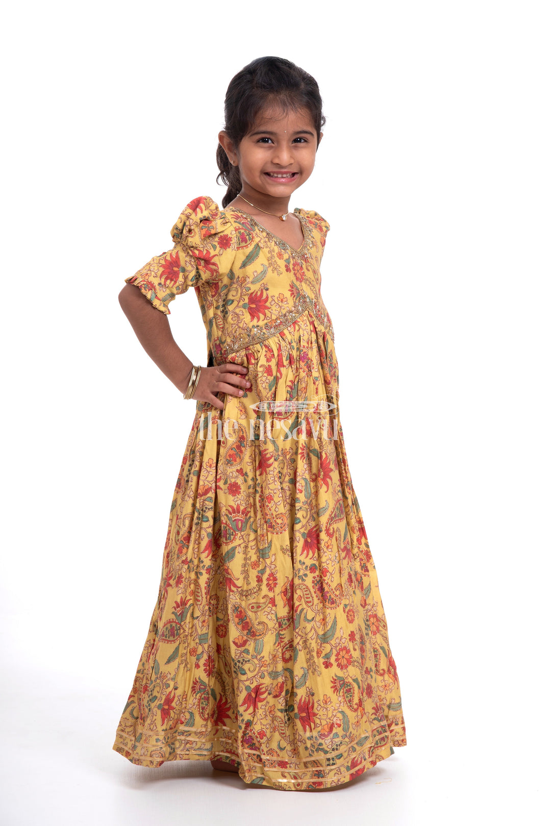 The Nesavu Girls Party Gown Vibrant Yellow Floral Muslin Silk Party Gown for Girls Nesavu Vibrant Yellow Floral Muslin Silk Party Gown for Girls - Elegant & Festive | The Nesavu