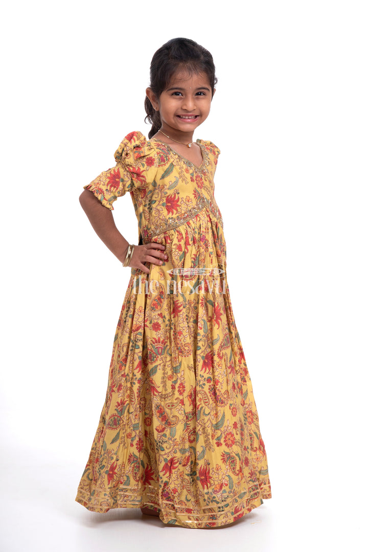 The Nesavu Girls Party Gown Vibrant Yellow Floral Muslin Silk Party Gown for Girls Nesavu Vibrant Yellow Floral Muslin Silk Party Gown for Girls - Elegant & Festive | The Nesavu