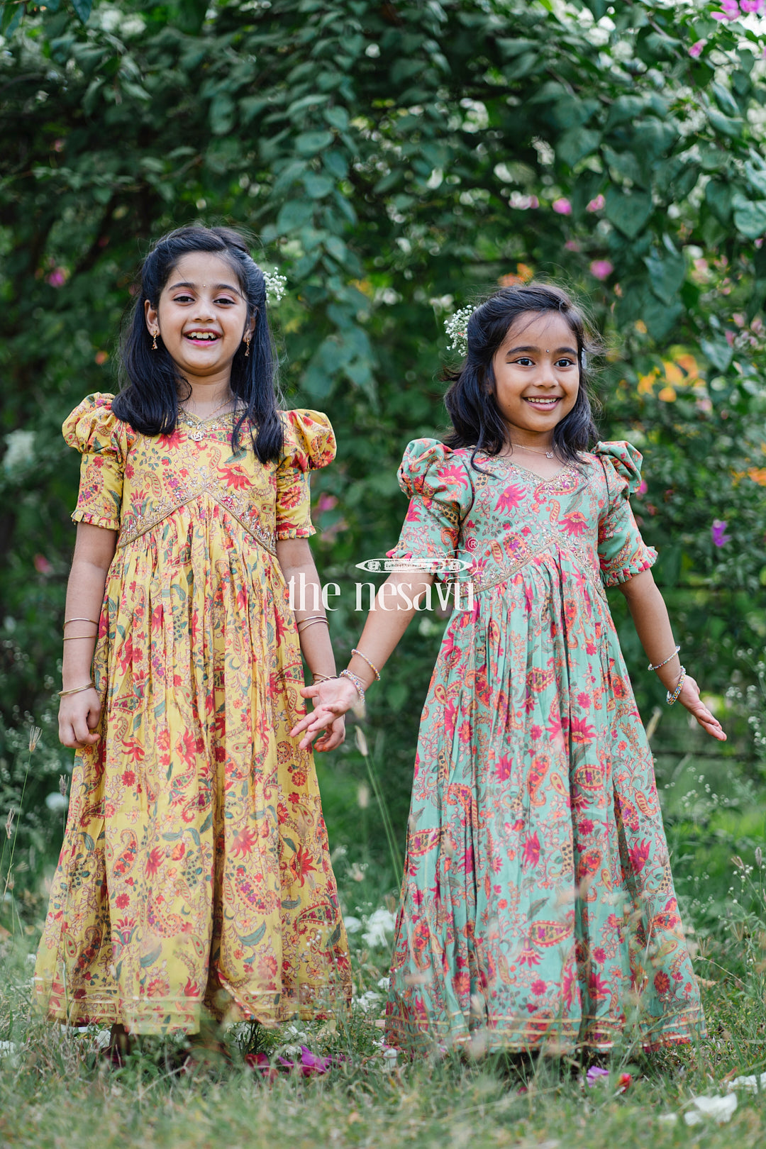 The Nesavu Girls Party Gown Vibrant Yellow Floral Muslin Silk Party Gown for Girls Nesavu Vibrant Yellow Floral Muslin Silk Party Gown for Girls - Elegant & Festive | The Nesavu