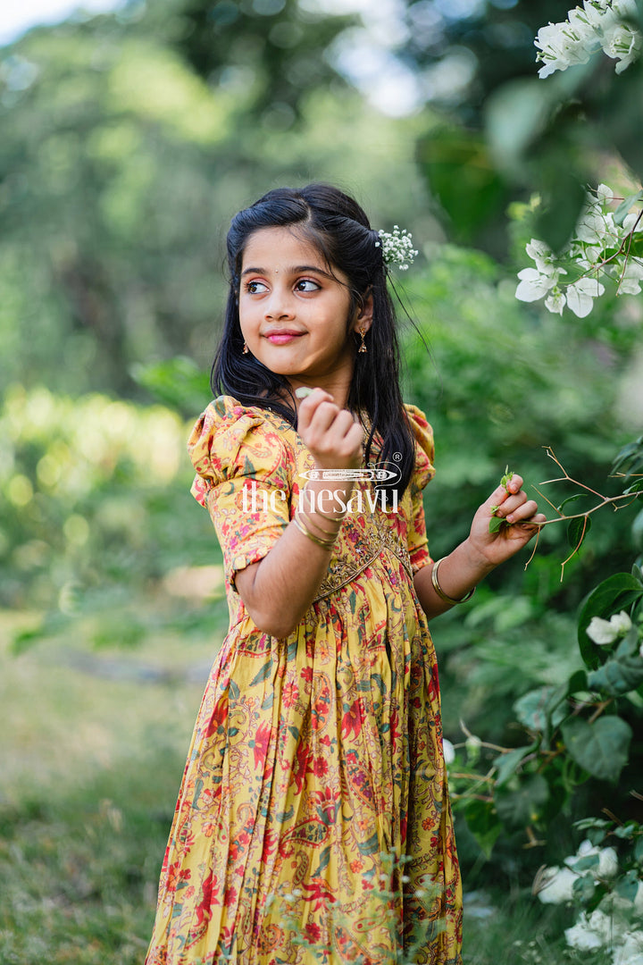 The Nesavu Girls Party Gown Vibrant Yellow Floral Muslin Silk Party Gown for Girls Nesavu Vibrant Yellow Floral Muslin Silk Party Gown for Girls - Elegant & Festive | The Nesavu