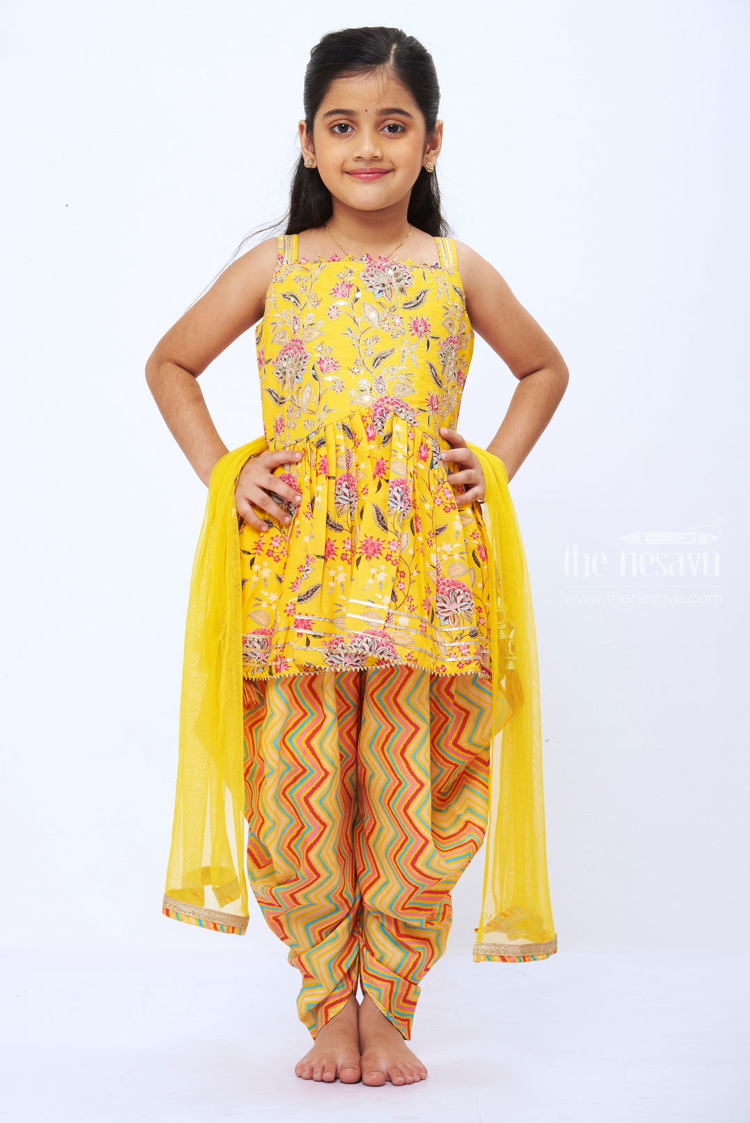 The Nesavu Girls Dothi Sets Vibrant Yellow Kurti with Chevron Dhoti Pants and Dupatta Set Nesavu 18 (2Y) / Yellow GPS199B-18 Girls Ethnic Yellow Floral Kurti Pants Set | Trendy Festive Wear | The Nesavu