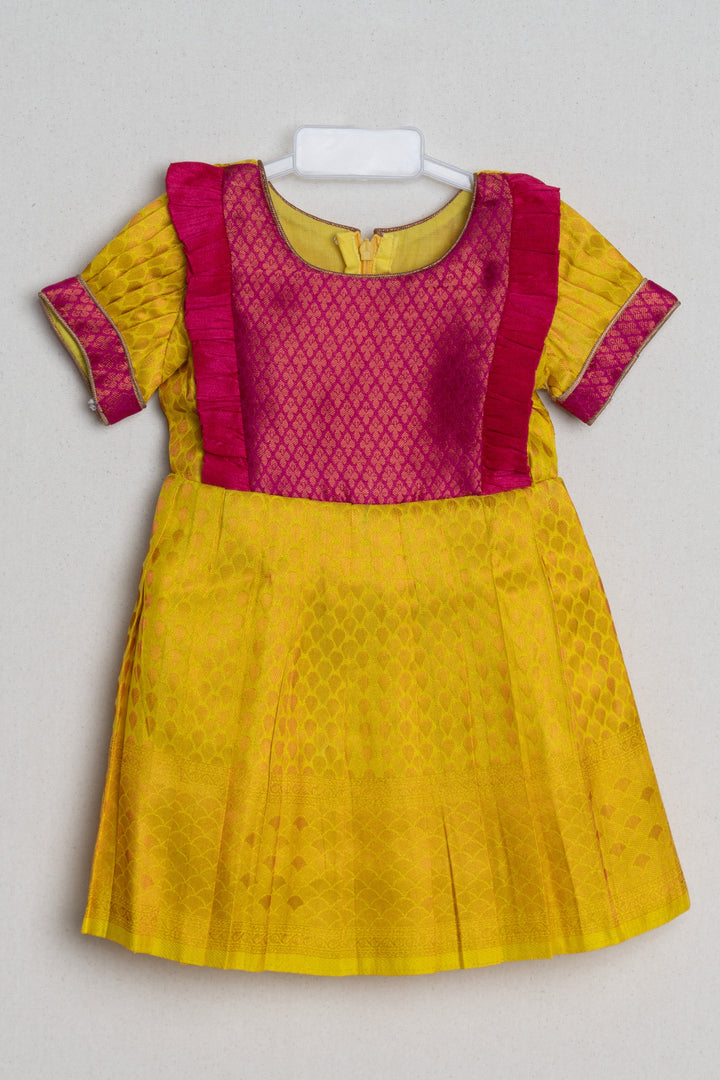 The Nesavu Girls Kanchi Silk Frock Vibrant Yellow Pink Banarasi Soft Silk / Pattu Frocks For Toddler Girl With Ruffle Yoke Nesavu 16 (1Y) / Yellow / Self Border SF610C Traditional Silk Wear Frock | Latest Kanchi Silk Dress | The Nesavu