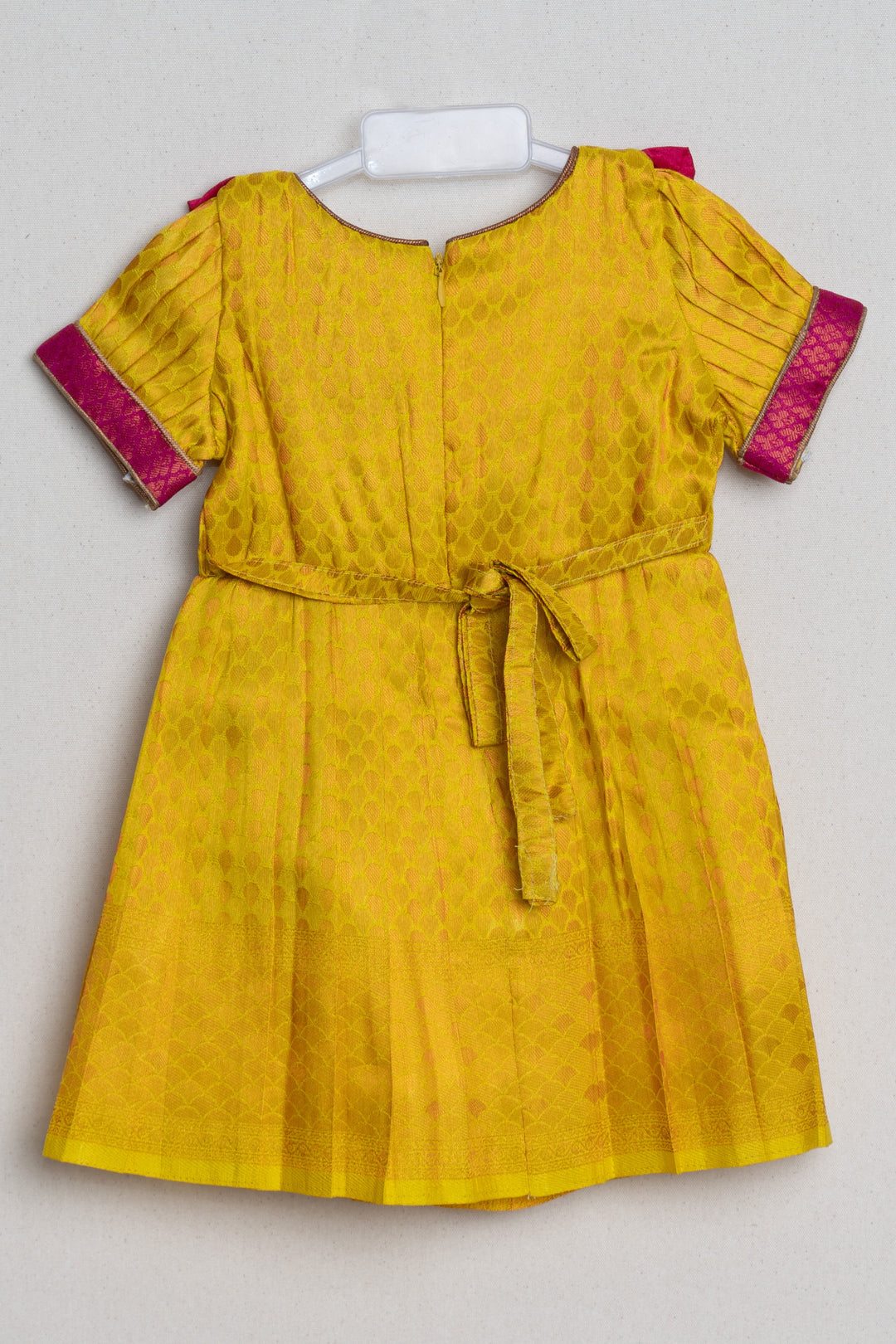 The Nesavu Girls Kanchi Silk Frock Vibrant Yellow Pink Banarasi Soft Silk / Pattu Frocks For Toddler Girl With Ruffle Yoke Nesavu Traditional Silk Wear Frock | Latest Kanchi Silk Dress | The Nesavu