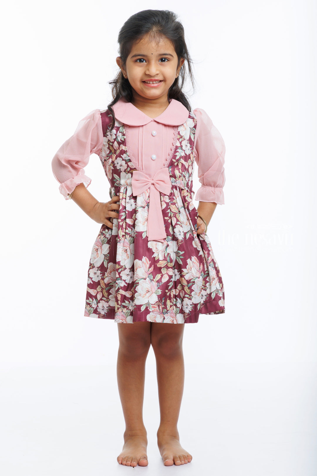 The Nesavu Girls Fancy Frock Vintage Bloom Floral Printed Fancy Frock with Bow Detail for Girls Nesavu 20 (3Y) / Purple / Georgette GFC1274B-20 Girls Fancy Floral Cotton Dress with Vintage Accents | The Nesavu