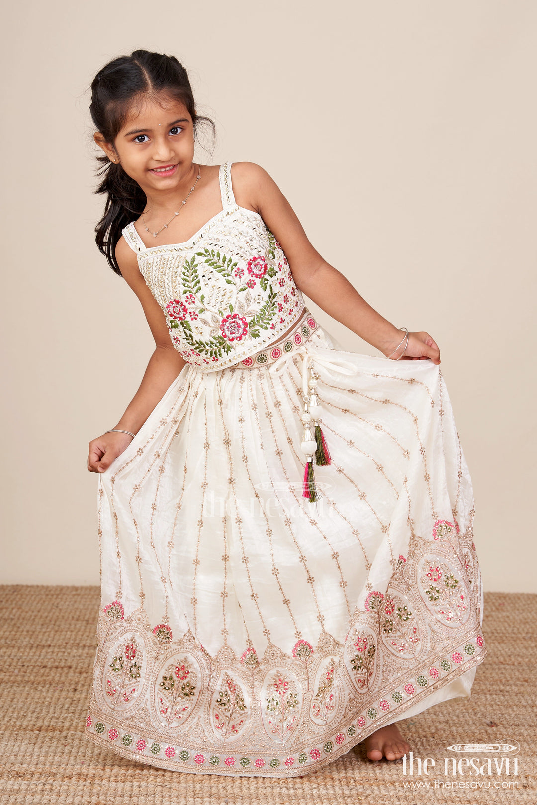 The Nesavu Girls Lehenga Choli Viscose Silk Lehenga Choli Set for Girls with Yoke Detailing for Ethnic Parties Nesavu 16 (1Y) / Cream GL704A-16 Nesavu girls lehenga choli designer yoke viscose silk  ideal ethnic birthdays weddings