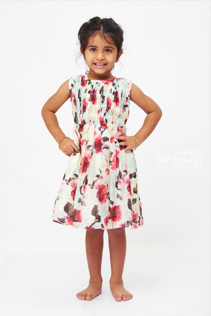 The Nesavu Girls Cotton Frock Watercolor Floral Dream Dress: Girls' Sleeveless Frock with Turquoise Lace Trim Nesavu 12 (3M) / Blue GFC1200A-12 Pastel Watercolor Floral Lace Dress for Girls | Sleeveless Spring & Summer Frock | The Nesavu