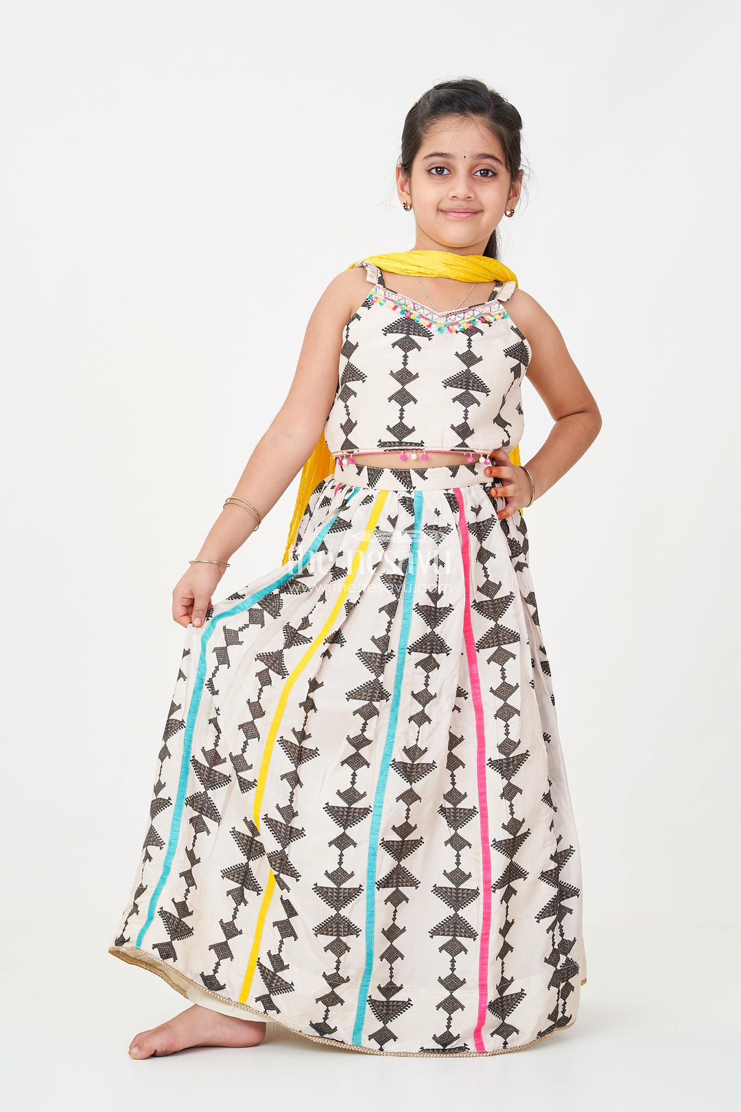 The Nesavu Girls Lehenga Choli Wear Casual Dress Set for Girls with Geometric Digital Print and Vibrant Dupatta in Viscose Silk Nesavu 16 (1Y) / Cream GL626A-16 Wear Casual Dress Girls Lehenga Choli in Geometric Digital Print with Dupatta | The Nesavu