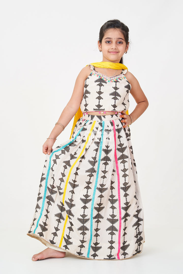 The Nesavu Girls Lehenga Choli Wear Casual Dress Set for Girls with Geometric Digital Print and Vibrant Dupatta in Viscose Silk Nesavu 16 (1Y) / Cream GL626A-16 Wear Casual Dress Girls Lehenga Choli in Geometric Digital Print with Dupatta | The Nesavu