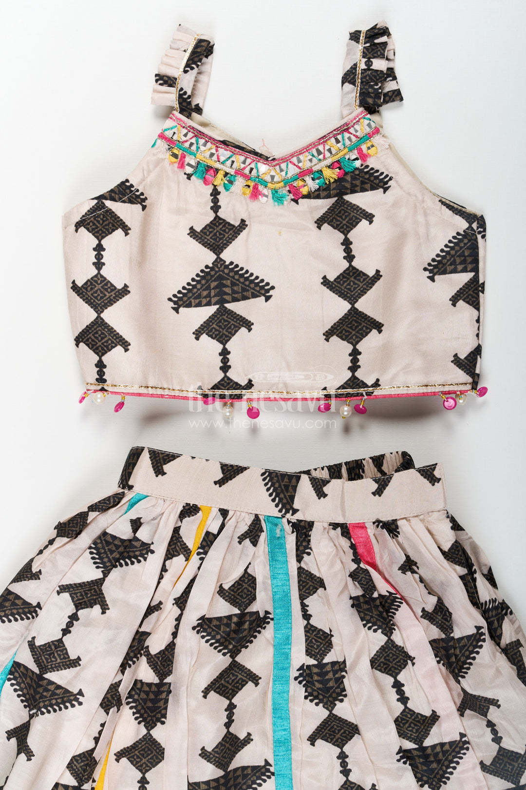 The Nesavu Girls Lehenga Choli Wear Casual Dress Set for Girls with Geometric Digital Print and Vibrant Dupatta in Viscose Silk Nesavu Wear Casual Dress Girls Lehenga Choli in Geometric Digital Print with Dupatta | The Nesavu