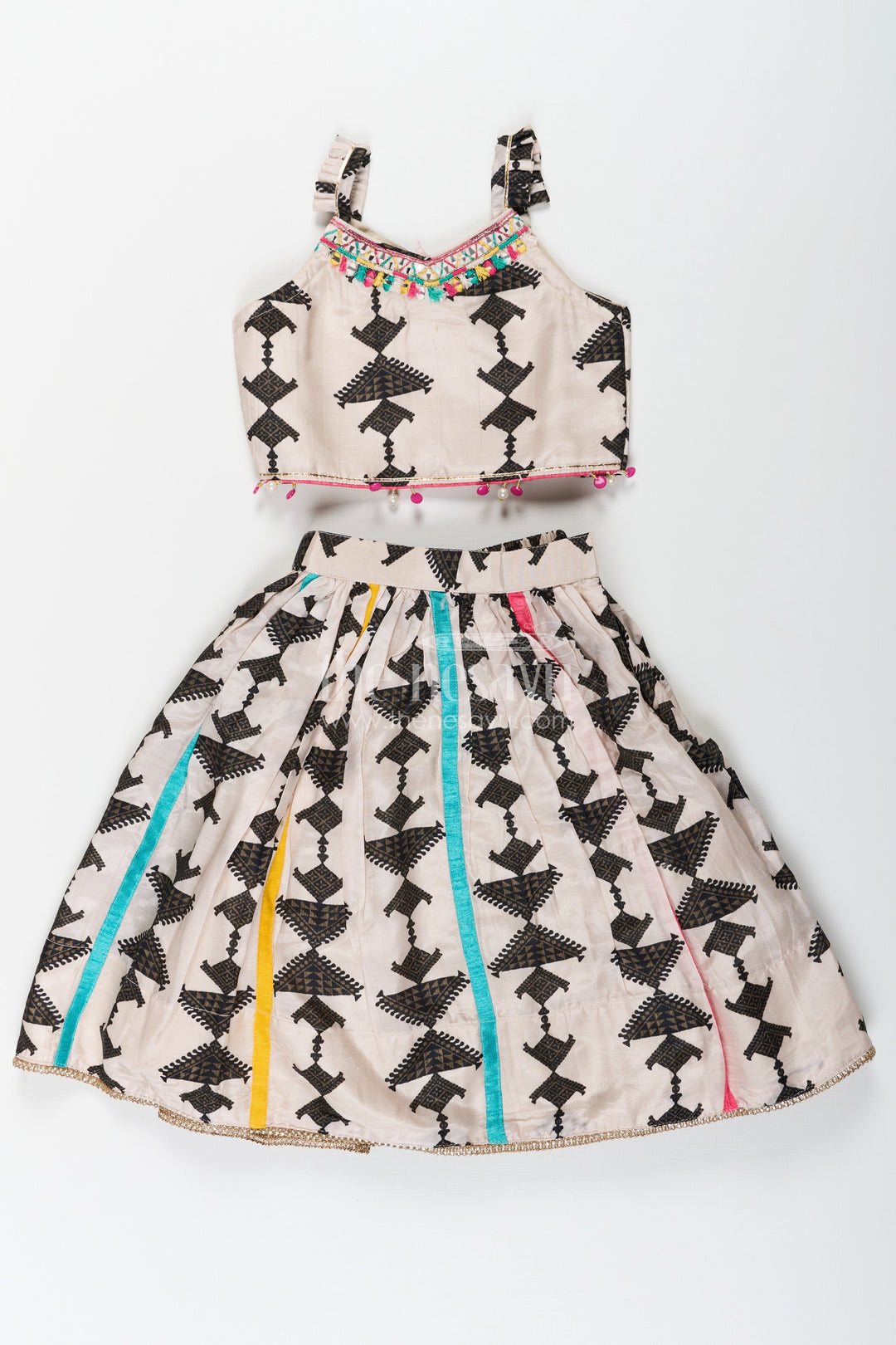 The Nesavu Girls Lehenga Choli Wear Casual Dress Set for Girls with Geometric Digital Print and Vibrant Dupatta in Viscose Silk Nesavu Wear Casual Dress Girls Lehenga Choli in Geometric Digital Print with Dupatta | The Nesavu