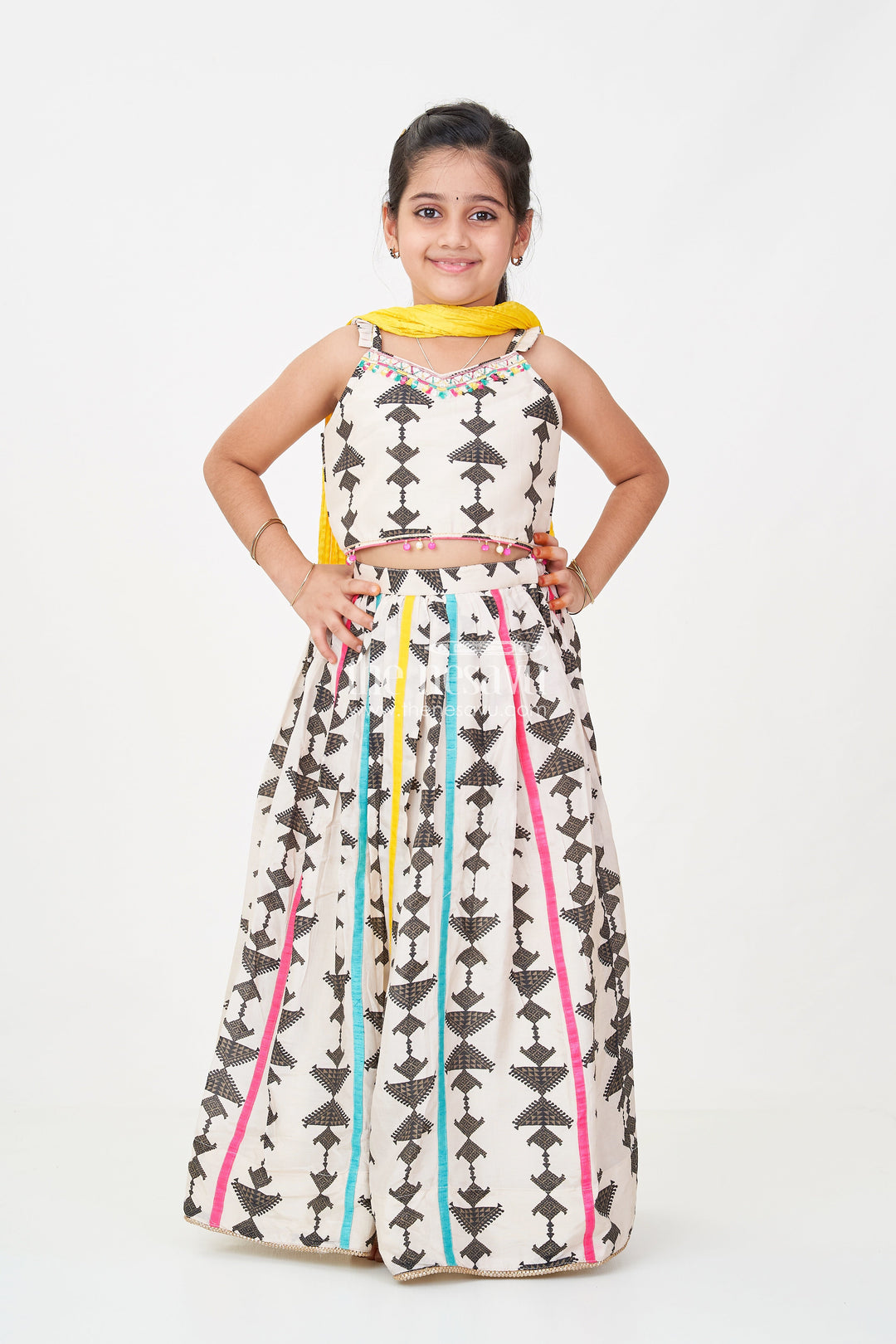 The Nesavu Girls Lehenga Choli Wear Casual Dress Set for Girls with Geometric Digital Print and Vibrant Dupatta in Viscose Silk Nesavu Wear Casual Dress Girls Lehenga Choli in Geometric Digital Print with Dupatta | The Nesavu