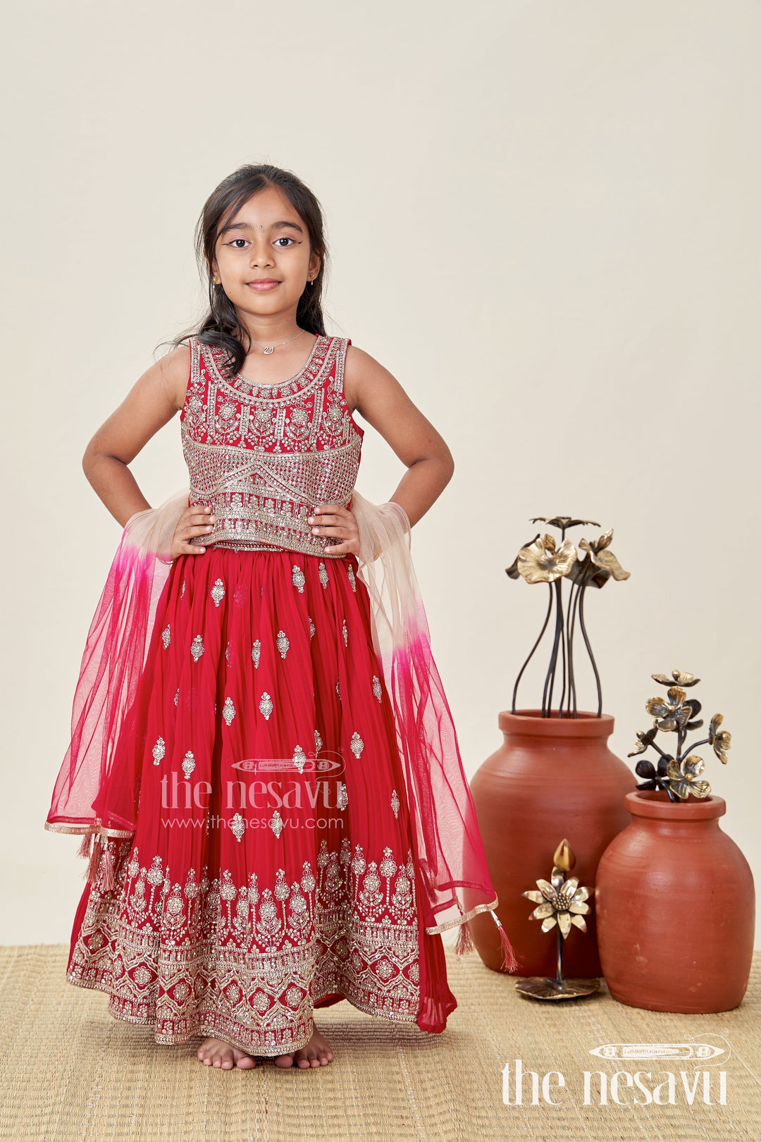 The Nesavu Girls Lehenga Choli Wedding Lehenga Choli for Girls Traditional Grand Dress Nesavu 18 (2Y) / Pink GL699B-18 Nesavu Wine Red Traditional Girls Lehenga Heavy Gold Embroidery Grand Wedding Celebrations