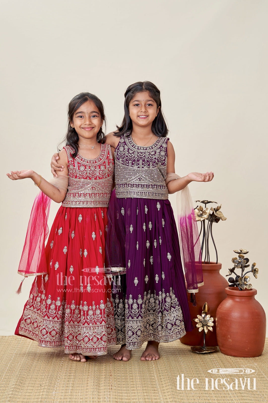 The Nesavu Girls Lehenga Choli Wedding Lehenga Choli for Girls Traditional Grand Dress Nesavu Nesavu Wine Red Traditional Girls Lehenga Heavy Gold Embroidery Grand Wedding Celebrations
