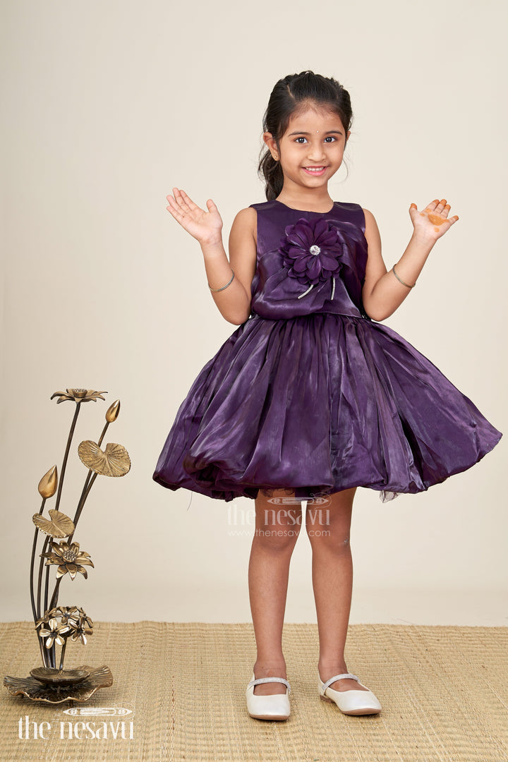 The Nesavu Girls Fancy Party Frock Wedding Party Frock For Girls Designer Satin Dress Nesavu 16 (1Y) / Purple PF232A-16 Nesavu Purple Girls Satin Wedding Frock One Shoulder Floral Detail Layered Bow Design