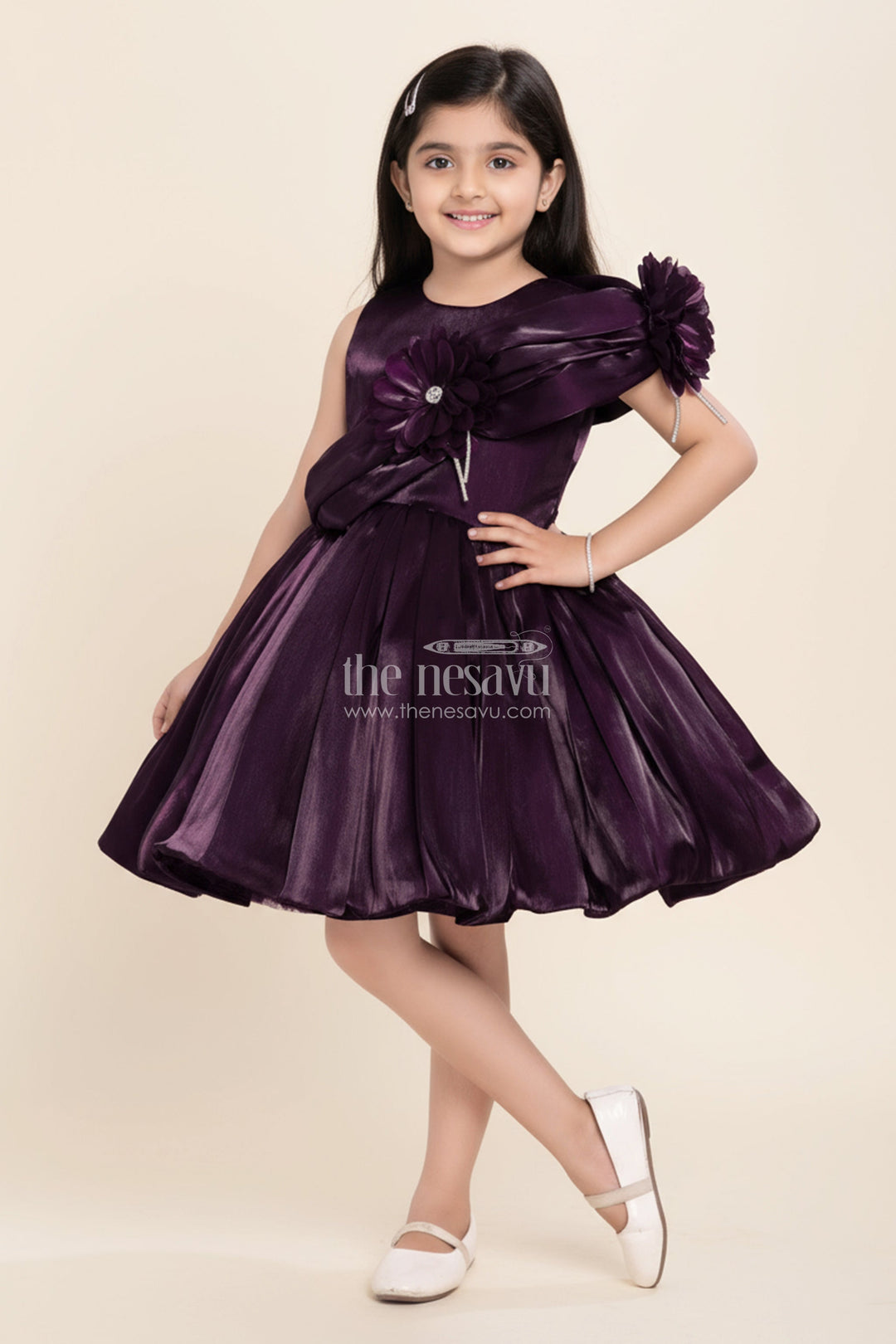 The Nesavu Girls Fancy Party Frock Wedding Party Frock for Girls Designer Satin Dress Nesavu Nesavu Purple Girls Satin Wedding Frock One Shoulder Floral Detail Layered Bow Design