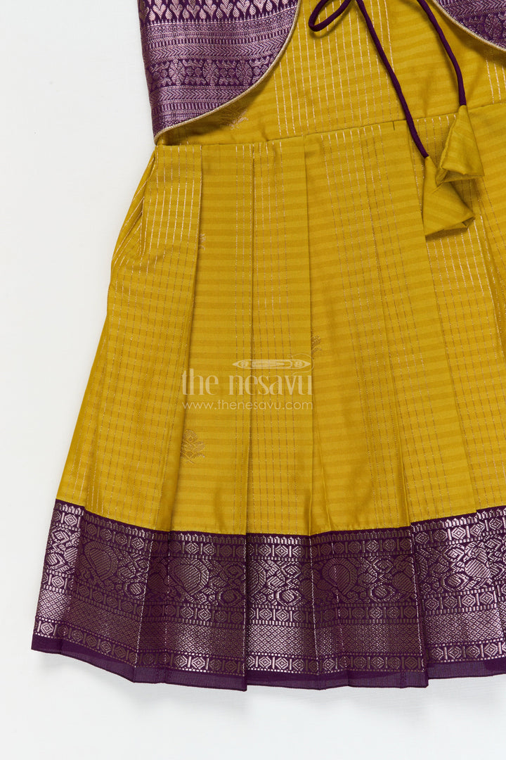 The Nesavu Girls Kanchi Silk Frock Wedding-ready Silk Frock for Toddler Girls with Designer Kanchivaram Saree Accents Nesavu Nesavu toddler girl wedding silk frock with designer Kanchivaram style zari border and jacquard yoke
