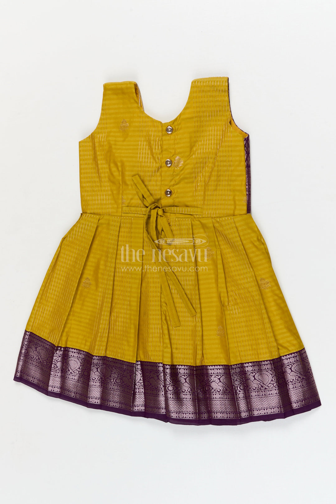 The Nesavu Girls Kanchi Silk Frock Wedding-ready Silk Frock for Toddler Girls with Designer Kanchivaram Saree Accents Nesavu Nesavu toddler girl wedding silk frock with designer Kanchivaram style zari border and jacquard yoke