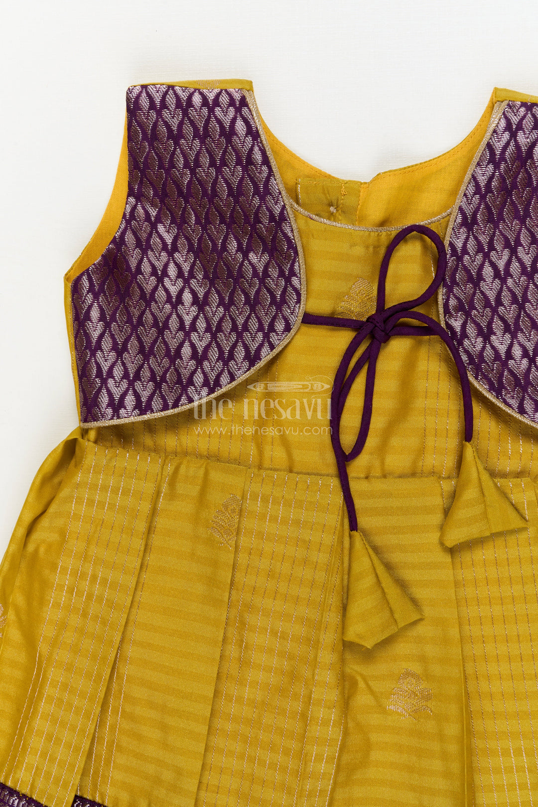 The Nesavu Girls Kanchi Silk Frock Wedding-ready Silk Frock for Toddler Girls with Designer Kanchivaram Saree Accents Nesavu Nesavu toddler girl wedding silk frock with designer Kanchivaram style zari border and jacquard yoke