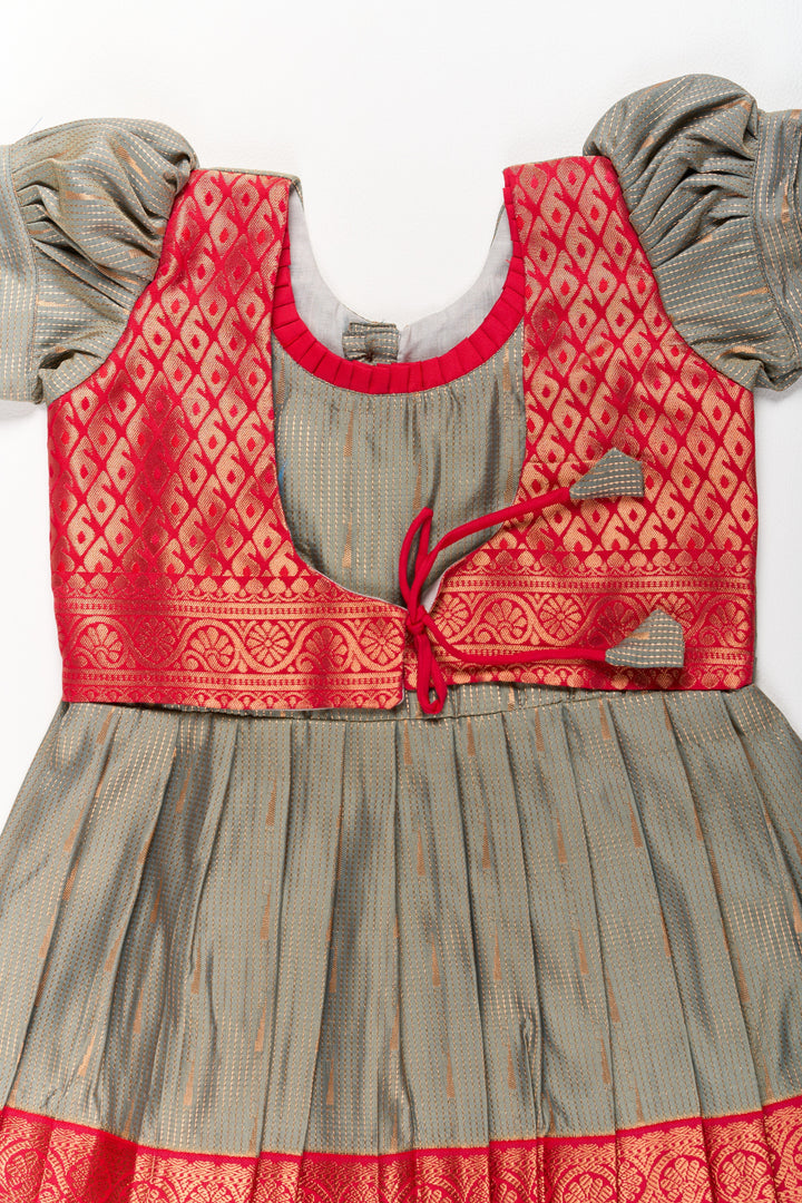 The Nesavu Silk Frock Wedding Reception Gown for Girls in Silk with Red and Gold Brocade Details Nesavu Silk Wedding Reception Gown Girls Red Gold Brocade Design | The Nesavu