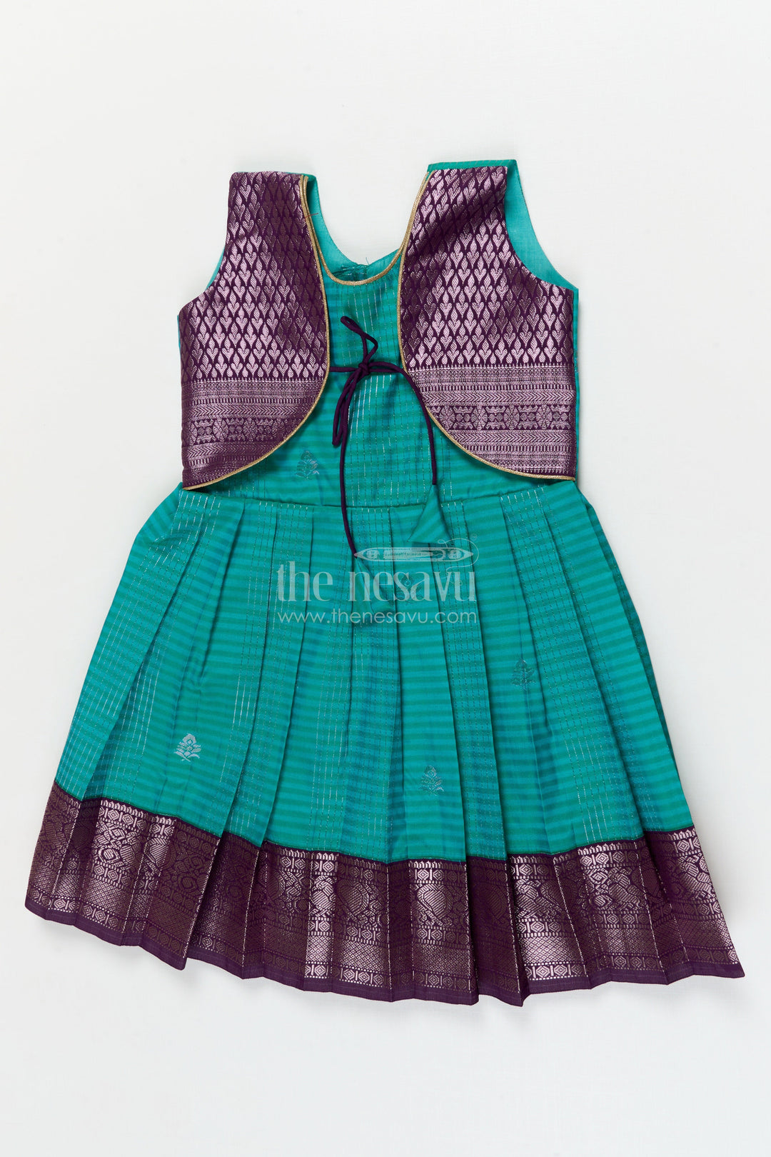 The Nesavu Girls Kanchi Silk Frock Wedding Silk Frock for Toddler Girls with Bridesmaid-style Kanchivaram Border and Yoke Nesavu 10 (NB) / Green / style 2 KSF015AB-10 Nesavu toddler girl silk frock with bridesmaid-inspired Kanchivaram zari border and jacquard yoke