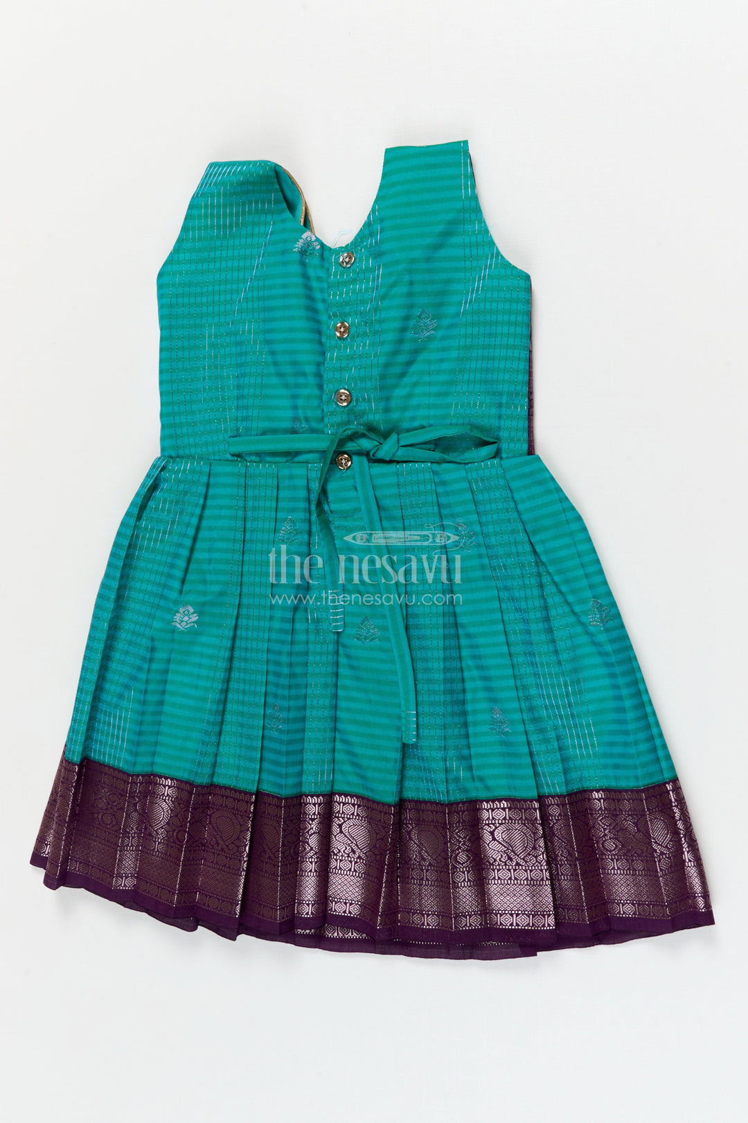 The Nesavu Girls Kanchi Silk Frock Wedding Silk Frock for Toddler Girls with Bridesmaid-style Kanchivaram Border and Yoke Nesavu Nesavu toddler girl silk frock with bridesmaid-inspired Kanchivaram zari border and jacquard yoke