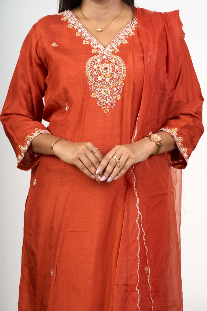 The Nesavu Womens Straight Suit Sets Wedding Wear Kurta Sets in Orange Art Silk with Intricate Embroidery and Matching Dupatta Nesavu Orange Art Silk Wedding Wear Kurta Sets Embroidery Matching Dupatta Women | The Nesavu
