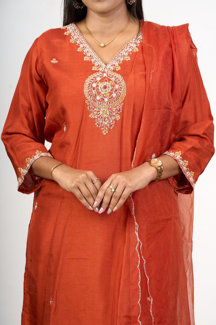 The Nesavu Womens Straight Suit Sets Wedding Wear Kurta Sets in Orange Art Silk with Intricate Embroidery and Matching Dupatta Nesavu Orange Art Silk Wedding Wear Kurta Sets Embroidery Matching Dupatta Women | The Nesavu