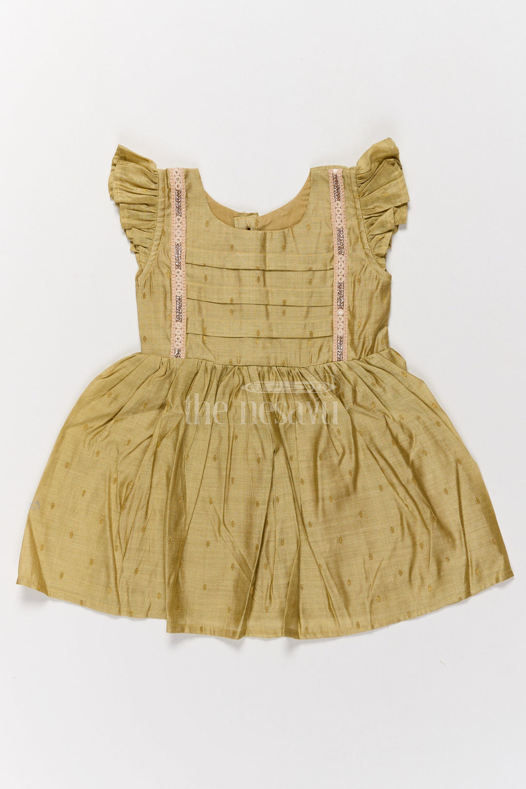 The Nesavu Girls Cotton Frock Western Cotton Frock for Girls in Chanderi with Olive Green Shade Nesavu 16 (1Y) / Green GFC1476C-16 Nesavu Western Cotton Frock Girls Olive Green Chanderi Ruffle Sleeves