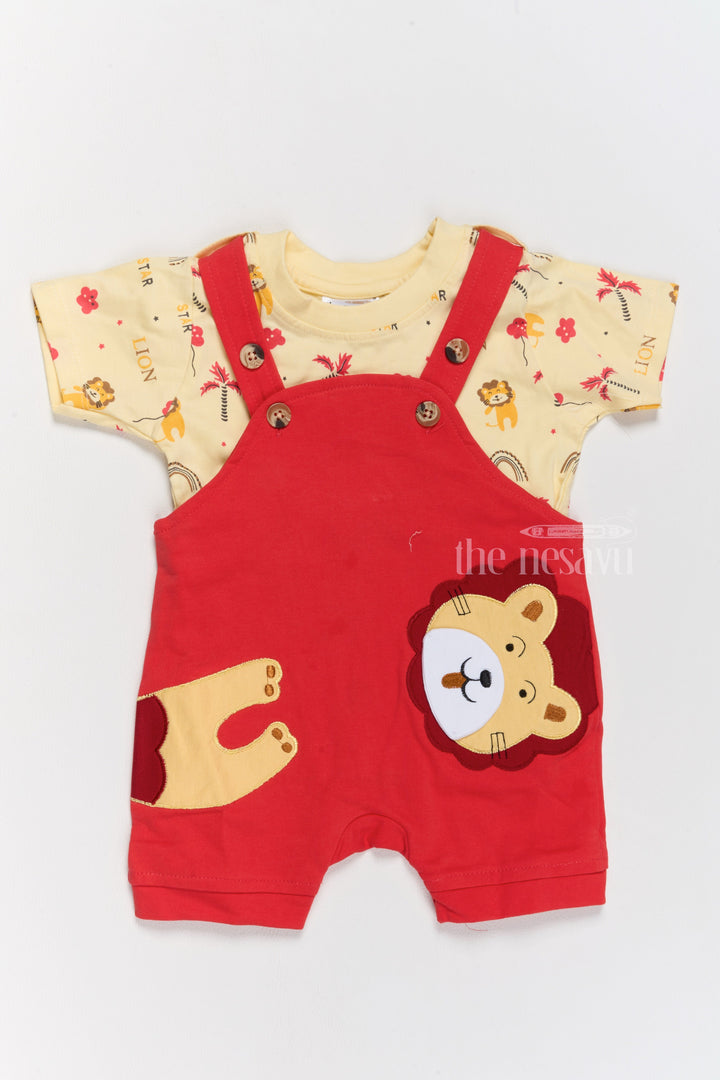 The Nesavu Baby Casual Sets Western Newborn Outfits Red Lion-Themed Dungaree with Printed Yellow T-Shirt Nesavu 14 (6M) / Red BCS194B-14 Western Newborn Outfits Red Lion Dungaree Printed Yellow T-Shirt | The Nesavu