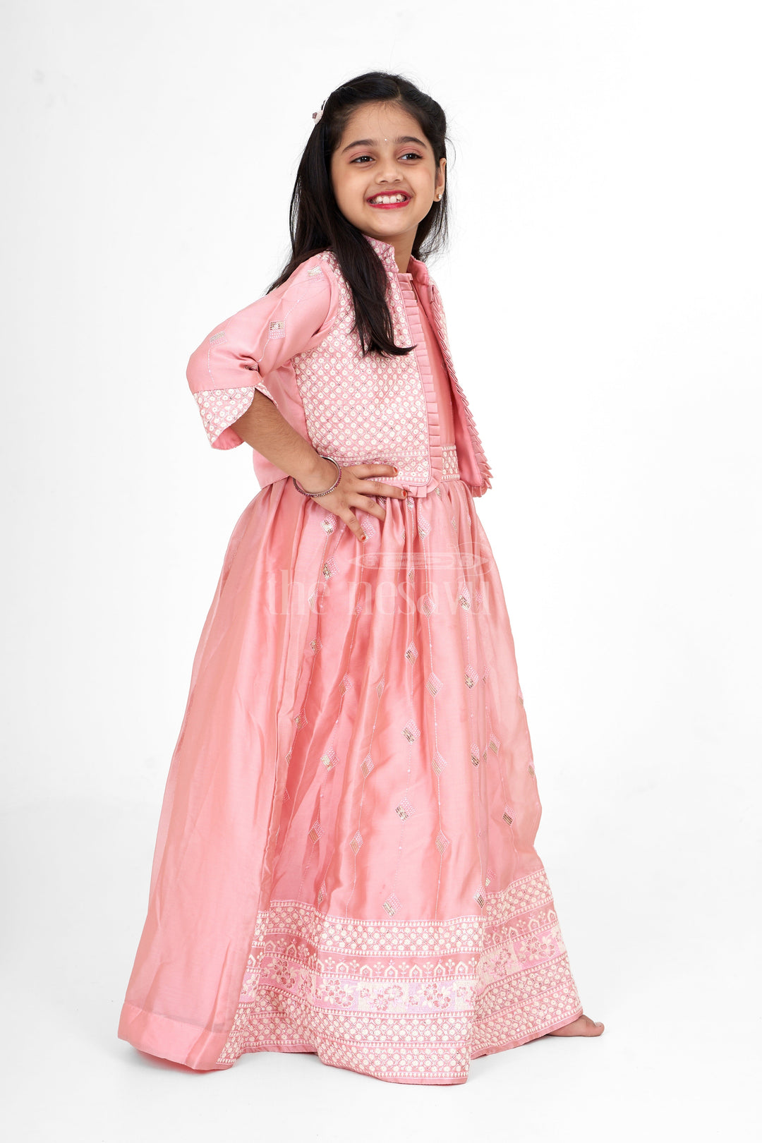 The Nesavu Girls Party Gown Western Party Gown for Girls in Elegant Peach Organza with Embroidered Jacket Nesavu Nesavu Peach Organza Party Gown Girls Western Gown Embroidered Jacket