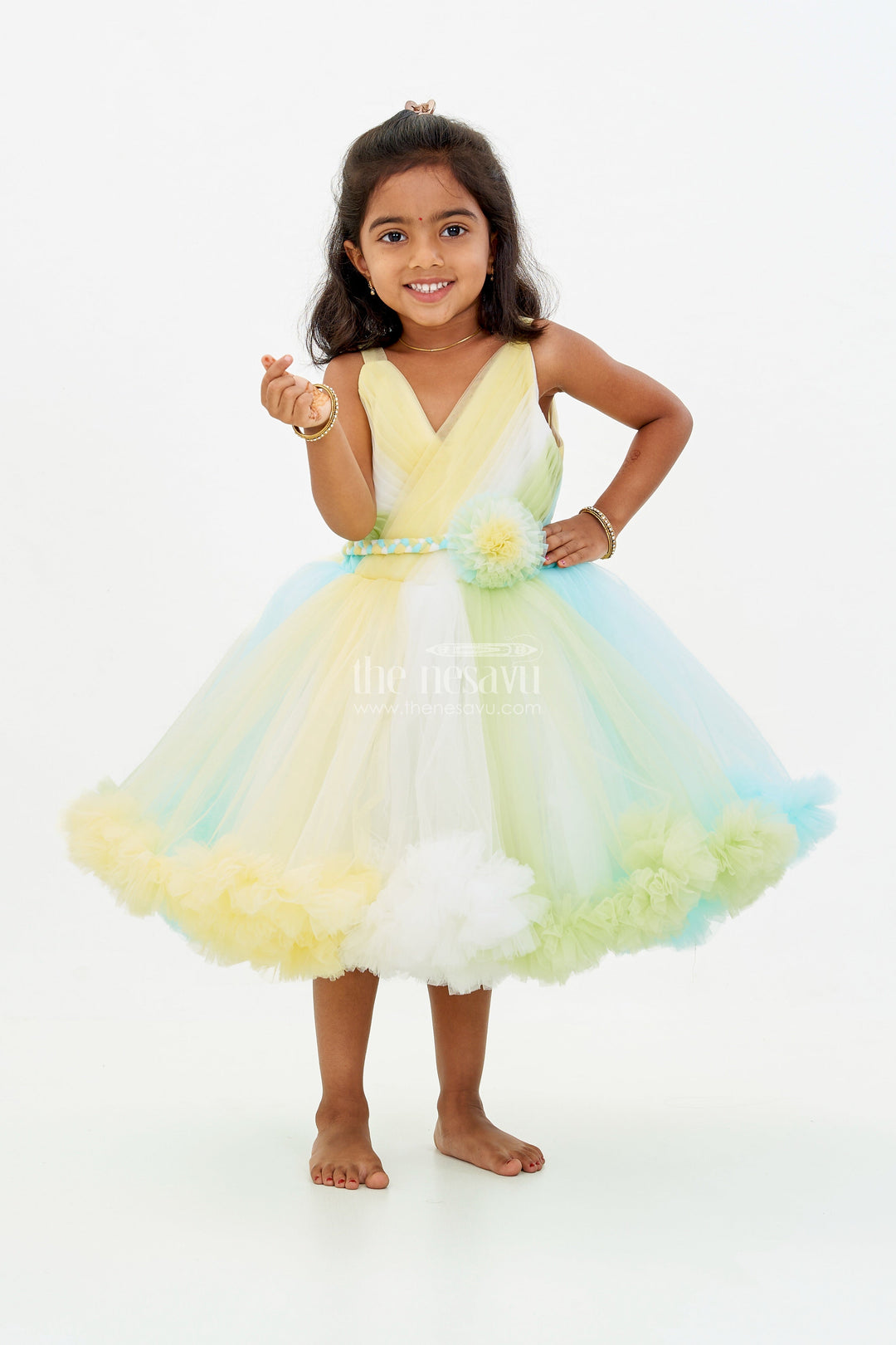 The Nesavu Girls Tutu Frock Whimsical Net Frock for Girls with Multicolor Layers and Ruffled Tutu Design Nesavu 16 (1Y) / Yellow PF200A-16 Whimsical Net Frock Girls Multicolor Layers Ruffled Tutu Design | The Nesavu