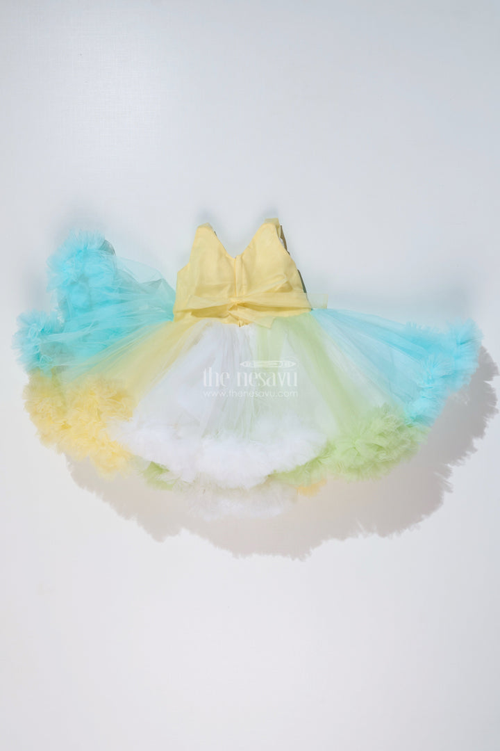 The Nesavu Girls Tutu Frock Whimsical Net Frock for Girls with Multicolor Layers and Ruffled Tutu Design Nesavu Whimsical Net Frock Girls Multicolor Layers Ruffled Tutu Design | The Nesavu