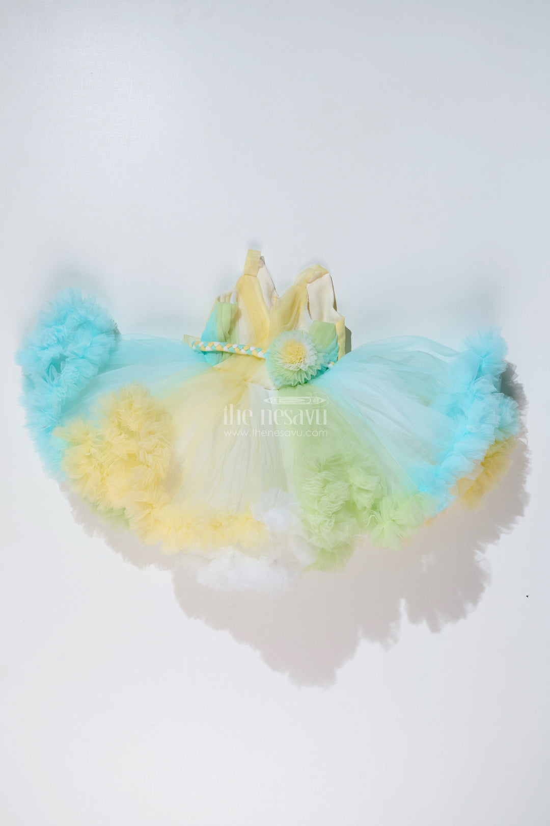 The Nesavu Girls Tutu Frock Whimsical Net Frock for Girls with Multicolor Layers and Ruffled Tutu Design Nesavu Whimsical Net Frock Girls Multicolor Layers Ruffled Tutu Design | The Nesavu