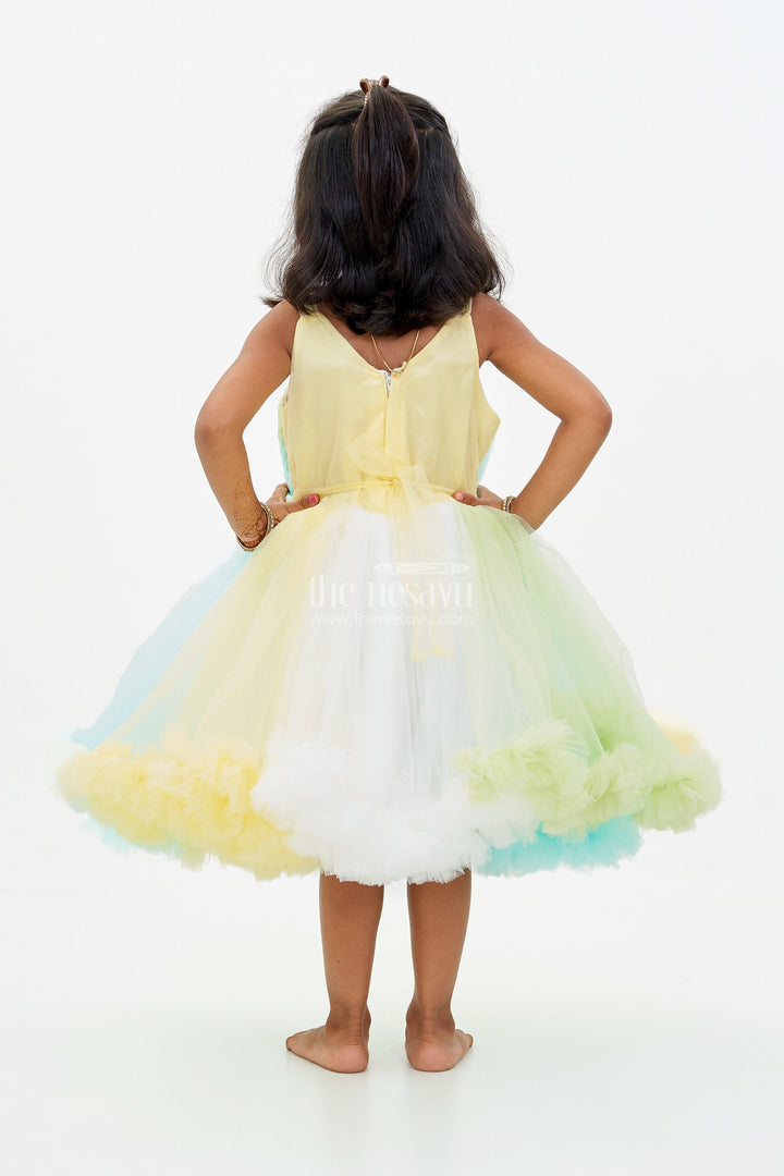 The Nesavu Girls Tutu Frock Whimsical Net Frock for Girls with Multicolor Layers and Ruffled Tutu Design Nesavu Whimsical Net Frock Girls Multicolor Layers Ruffled Tutu Design | The Nesavu