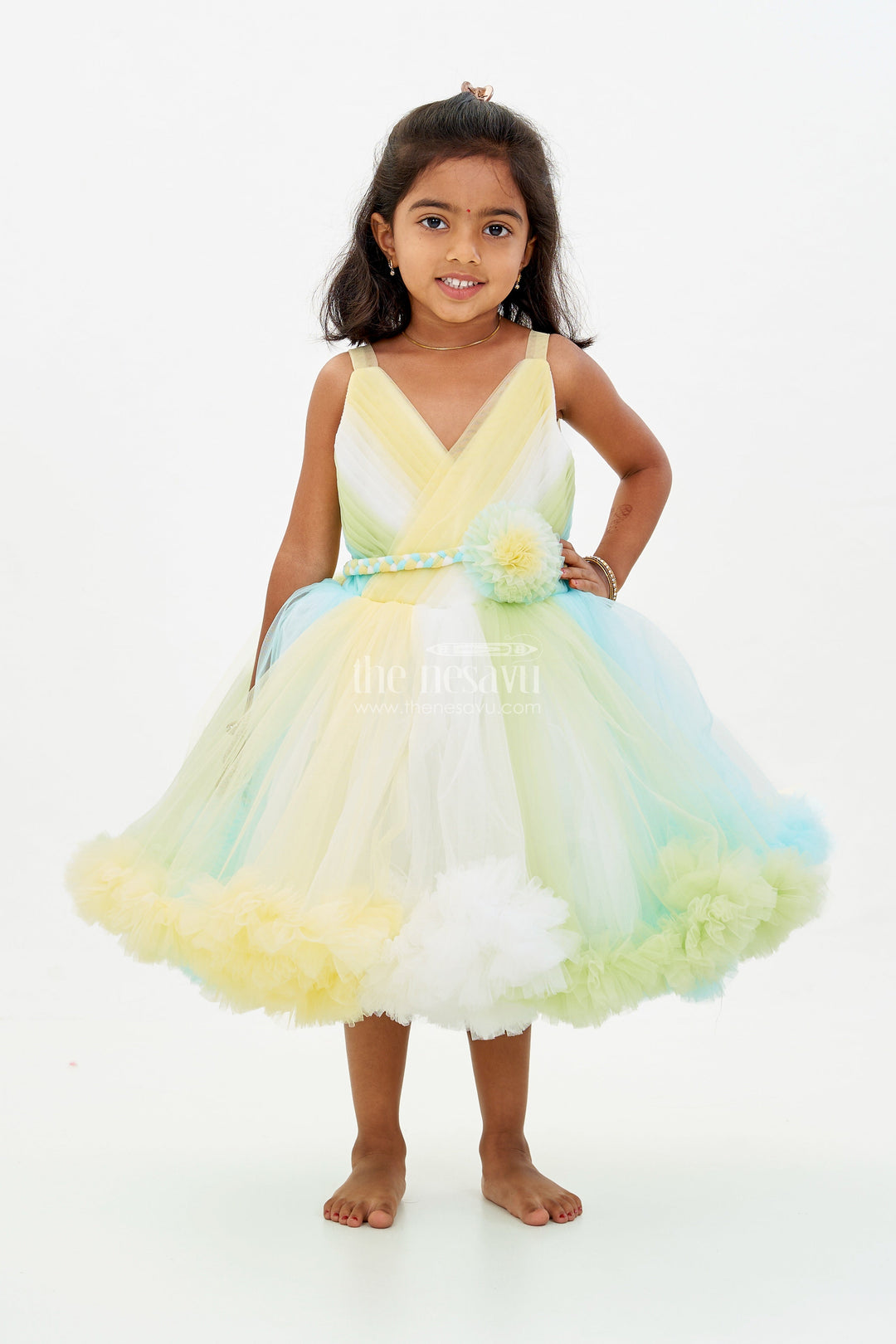 The Nesavu Girls Tutu Frock Whimsical Net Frock for Girls with Multicolor Layers and Ruffled Tutu Design Nesavu Whimsical Net Frock Girls Multicolor Layers Ruffled Tutu Design | The Nesavu