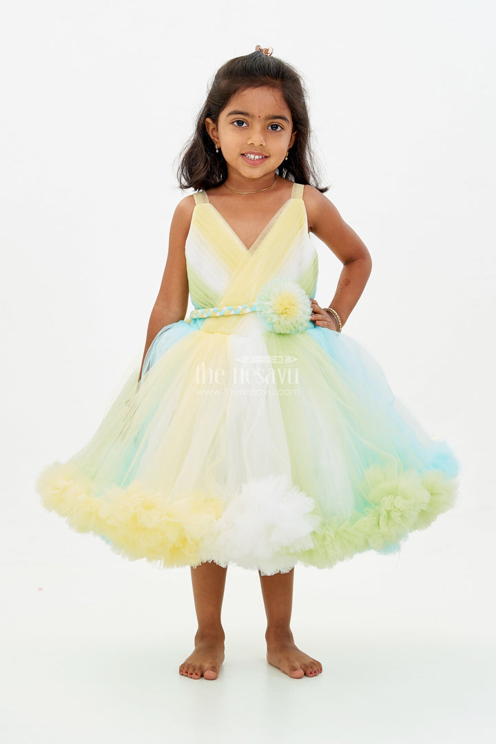 The Nesavu Girls Tutu Frock Whimsical Net Frock for Girls with Multicolor Layers and Ruffled Tutu Design Nesavu Whimsical Net Frock Girls Multicolor Layers Ruffled Tutu Design | The Nesavu
