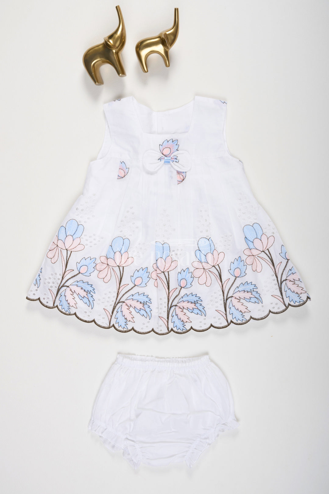 The Nesavu Baby Casual Sets White and Blue Chikankari Cotton Frock with Floral Embroidery Nesavu 10 (NB) / White BFJ610C-10 White and Blue Chikankari Cotton Frock with Bloomers - Nesavu