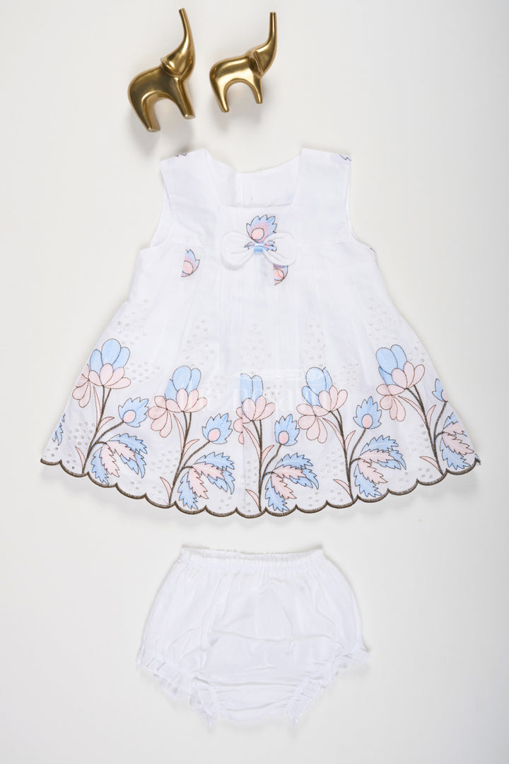 The Nesavu Baby Casual Sets White and Blue Chikankari Cotton Frock with Floral Embroidery Nesavu 10 (NB) / White BFJ610C-10 White and Blue Chikankari Cotton Frock with Bloomers - Nesavu