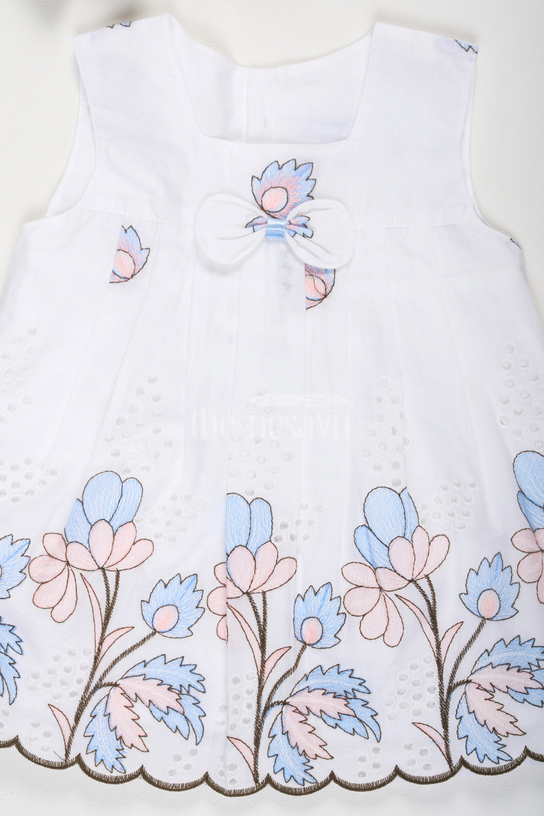 The Nesavu Baby Casual Sets White and Blue Chikankari Cotton Frock with Floral Embroidery Nesavu White and Blue Chikankari Cotton Frock with Bloomers - Nesavu