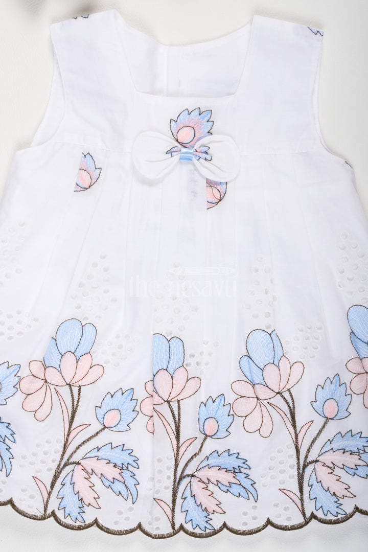 The Nesavu Baby Casual Sets White and Blue Chikankari Cotton Frock with Floral Embroidery Nesavu White and Blue Chikankari Cotton Frock with Bloomers - Nesavu