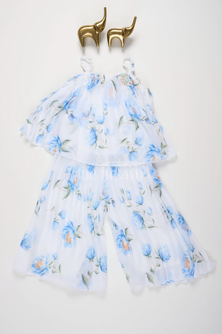 The Nesavu Girls Jumpsuit White and Blue Floral Girls Jumpsuit with Pleated Design and Adjustable Straps Nesavu 16 (1Y) / White BFJ656A-16 Nesavu White Blue Floral Girls Jumpsuit Pleated Culottes Adjustable Straps